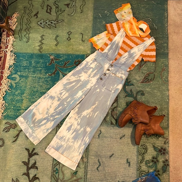 Upcycled F21 Jumper overall cropped hemmed ankle length a-line denim pant - Picture 2 of 16